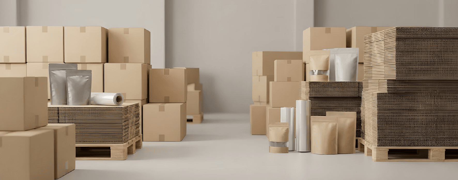Packaging boxes and materials arranged in a warehouse